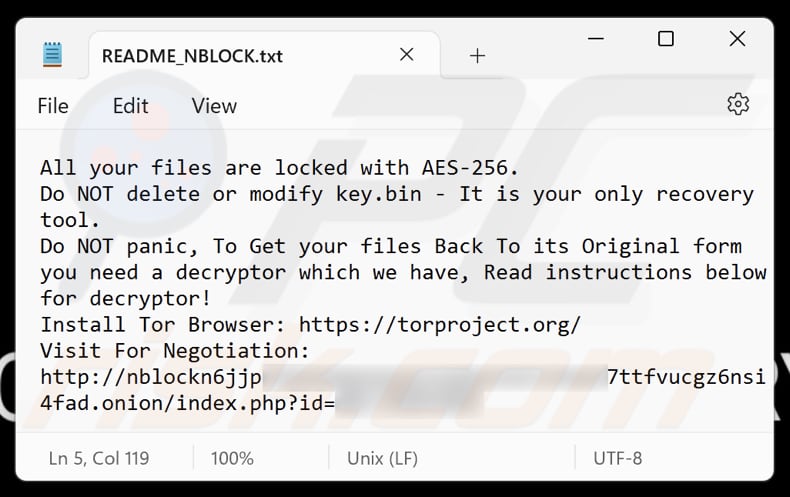 Ficheiro de texto do ransomware NBLock (README_NBLOCK.txt)