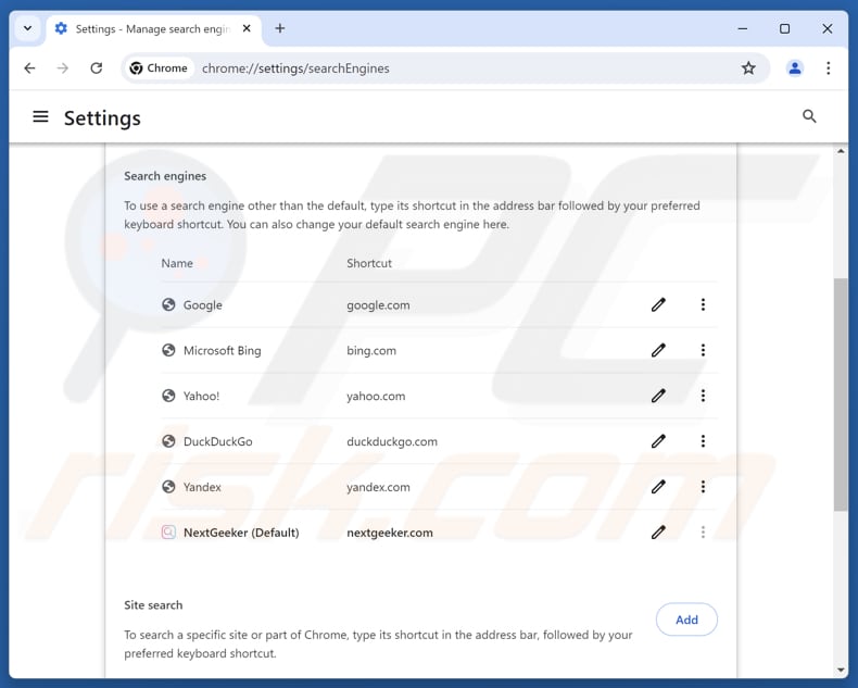 Remover nextgeeker.com do motor de busca predefinido do Google Chrome