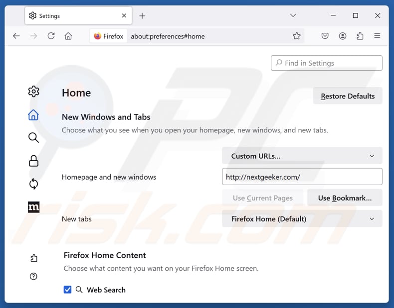 Remover nextgeeker.com da página inicial do Mozilla Firefox