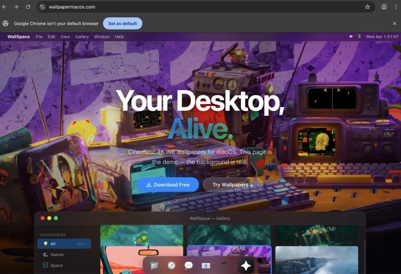 Site falso de download do WallSpace.app do notnullOSX a distribuir o malware (fonte: moonlock.com)