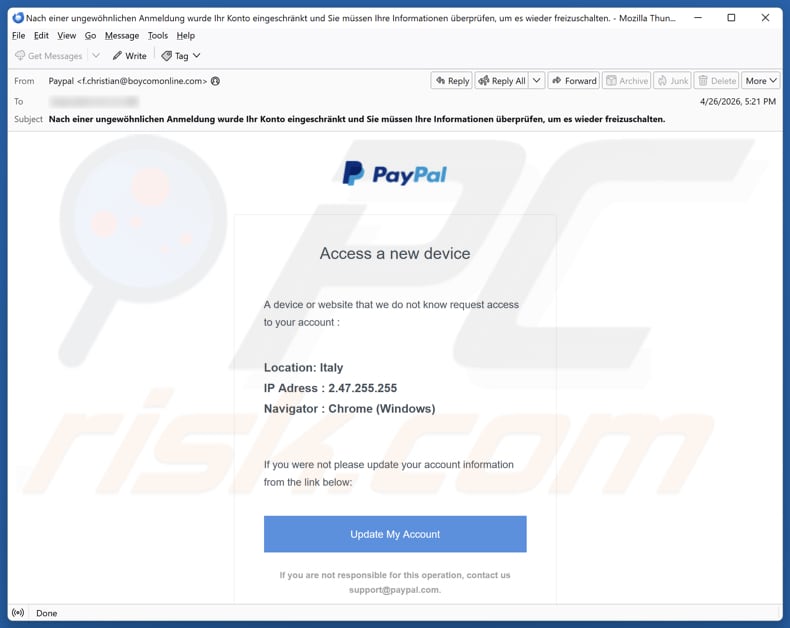 Campanha de spam por e-mail PayPal - Access From A New Device