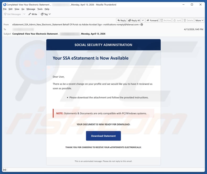 Campanha de spam por e-mail Social Security Administration (SSA) eStatement