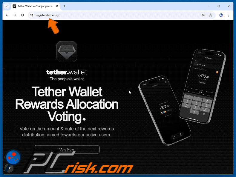 Aparência do golpe Tether Wallet Voting Rewards