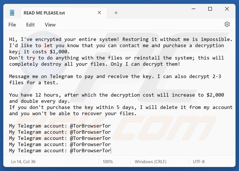 Ficheiro de texto do ransomware TorBrowserTor (READ ME PLEASE.txt)