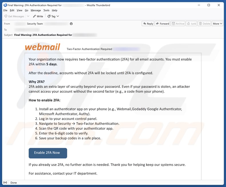 Campanha de spam por e-mail Webmail - Two-Factor Authentication (2FA)