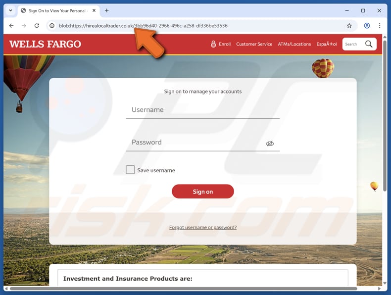 Site falso do Wells Fargo Credit/Refund golpe de e-mail