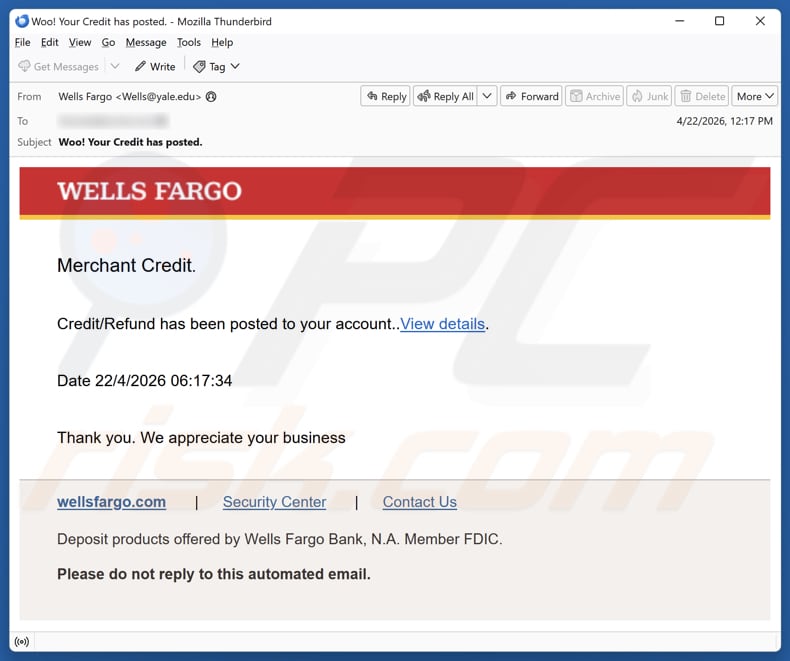 Campanha de spam por e-mail Wells Fargo Credit/Refund