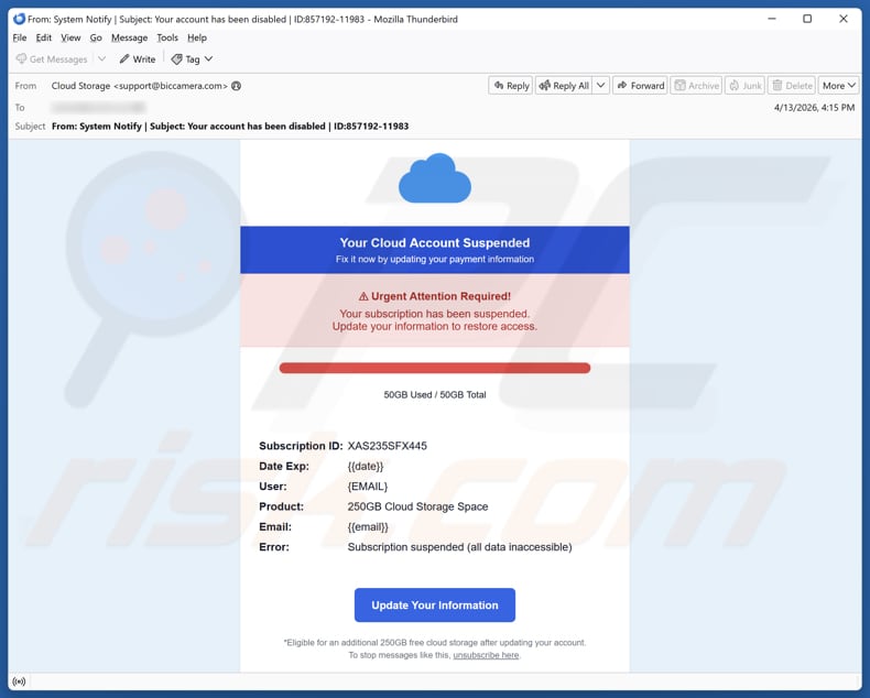 Campanha de spam por e-mail Your Cloud Account Suspended