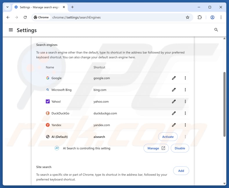 Remover aisearchapp.net do motor de busca padrão do Google Chrome