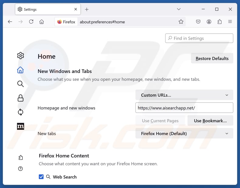 Remover aisearchapp.net da página inicial do Mozilla Firefox