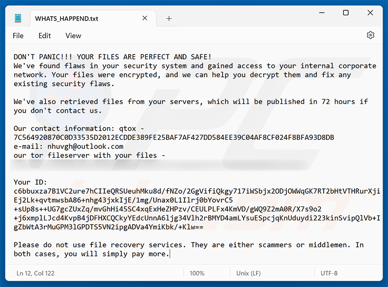 Nota de resgate do ransomware BAVACAI (WHATS_HAPPEND.txt)