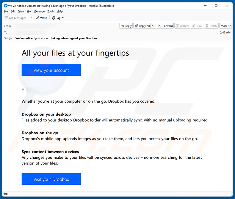 Campanha de spam do Dropbox Service Usage Reminder Email Scam