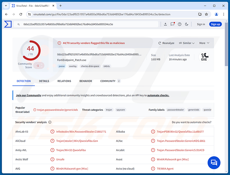 Deteções do malware EKZ Stealer no VirusTotal