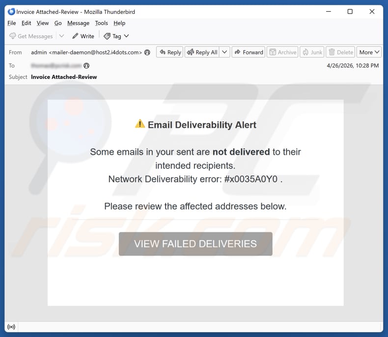 Campanha de spam por e-mail Email Deliverability Alert