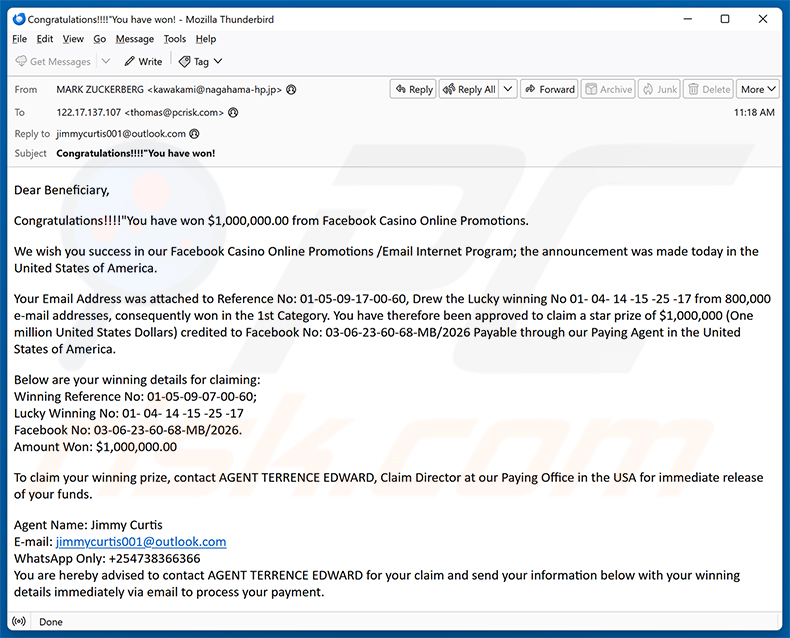 Campanha de spam por e-mail Facebook Casino Online Promotions