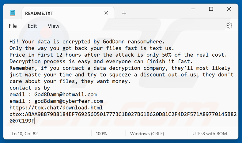 Nota de resgate do ransomware GodDamn (README.TXT)