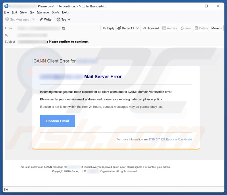 Campanha de spam do e-mail ICANN Client Error