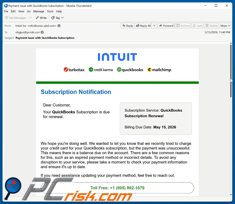 E-mail do golpe Intuit QuickBooks Subscription Is Due For Renewal (GIF)