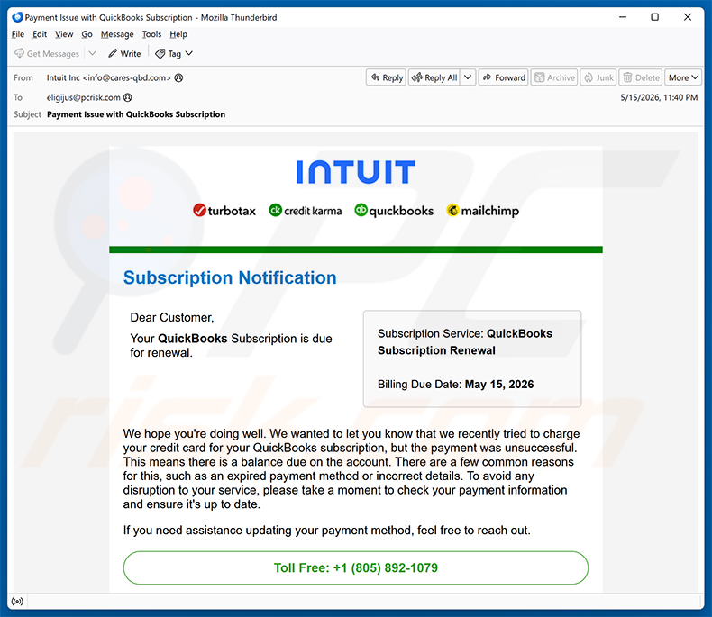 Campanha de spam por e-mail Intuit QuickBooks Subscription Is Due For Renewal