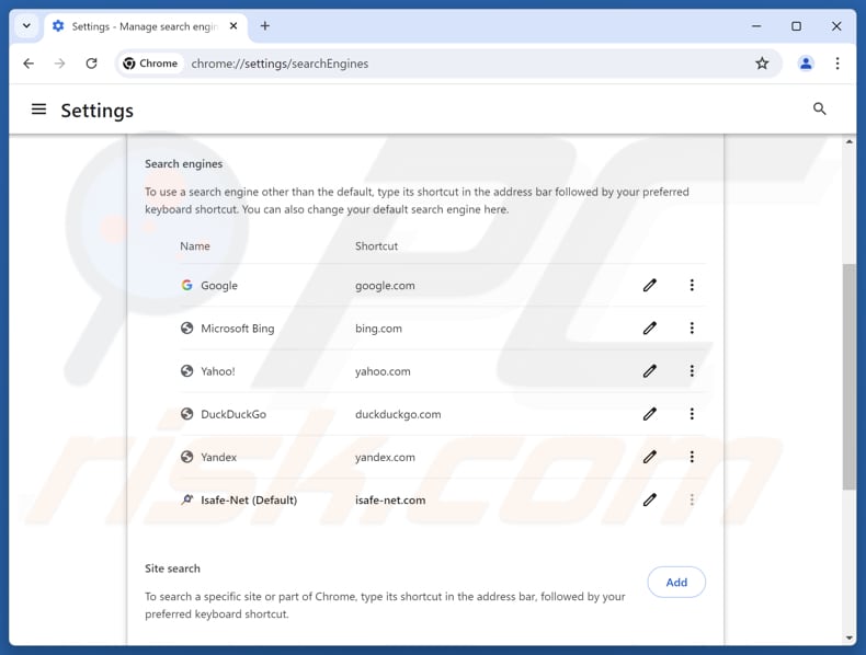 Remover o isafe-net.com do motor de busca predefinido do Google Chrome