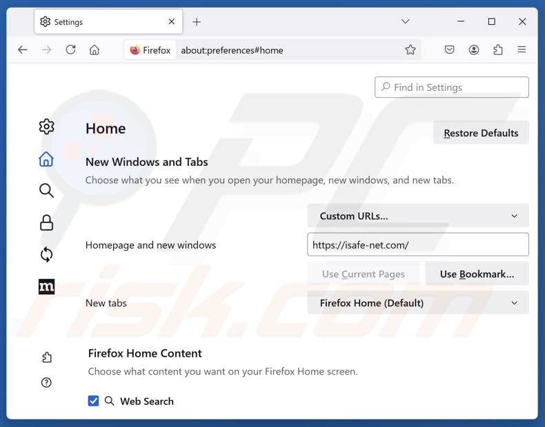 Remover o isafe-net.com da página inicial do Mozilla Firefox