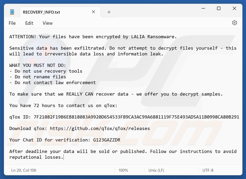 Ficheiro de texto do ransomware Lalia (RECOVERY_INFO.txt)