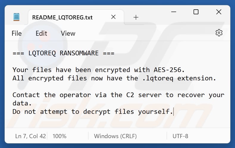 Ficheiro de texto do ransomware LQTOREQ (README_LQTOREG.txt)