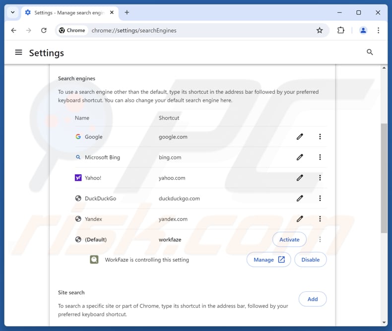 A remover o myworkfaze.com do motor de busca predefinido do Google Chrome
