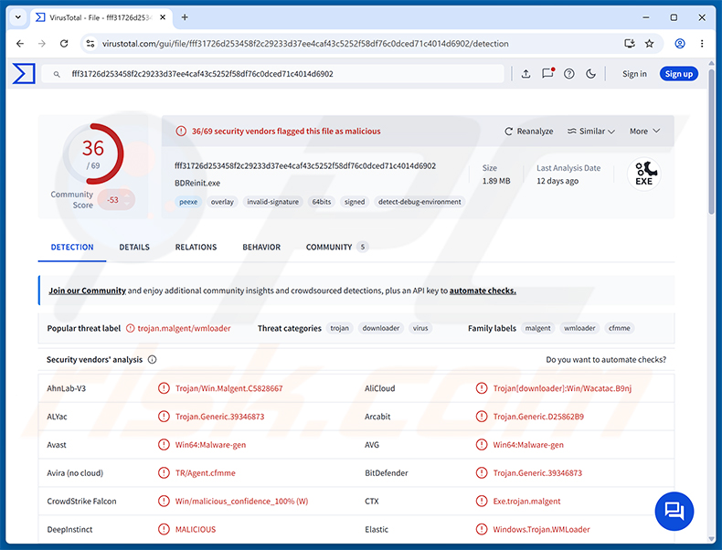 Deteções do malware NANOREMOTE no VirusTotal