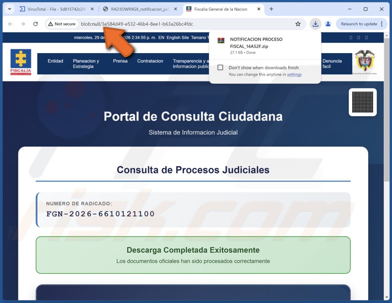 URL blob do malware NexusRAT aberto através do anexo