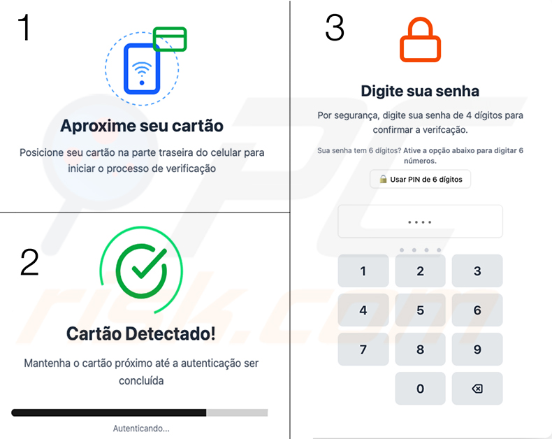 Trojan bancário PhantomCard ecrã falso de verificação de cartão NFC - variante em português direcionada ao Brasil