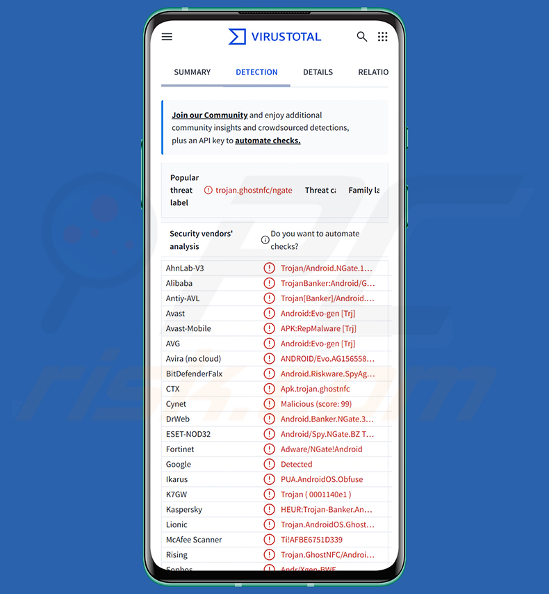Trojan bancário PhantomCard NFCShare ecrã falso de verificação de cartão NFC