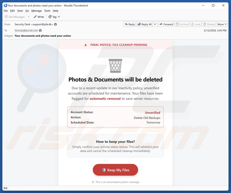 Campanha de spam por e-mail Photos & Documents Will Be Deleted