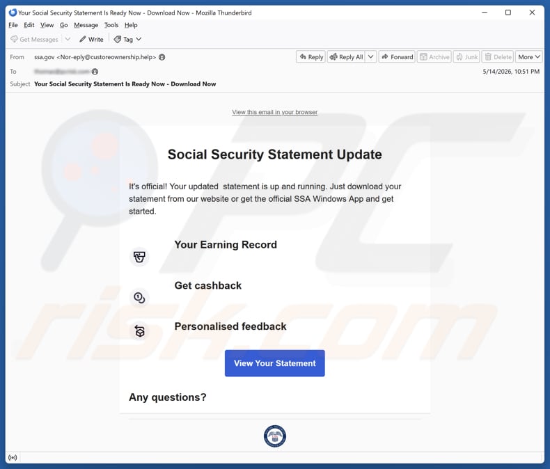 Campanha de spam por e-mail Social Security Statement Update