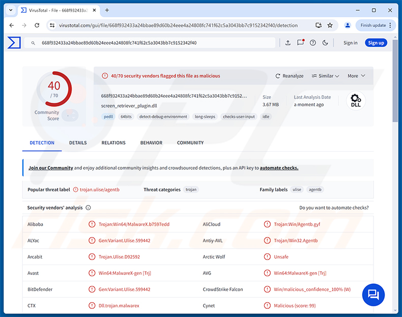 Deteções do malware TCLBanker no VirusTotal