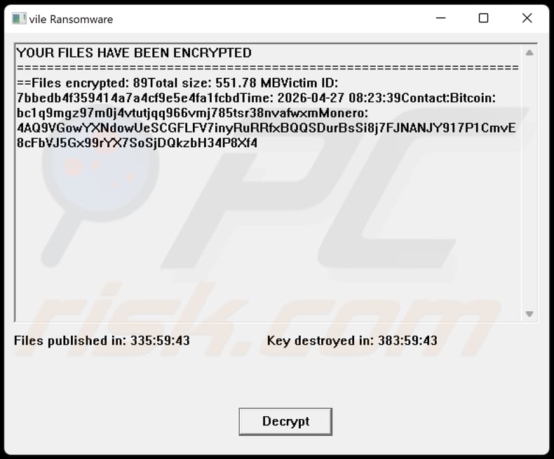 Mensagem pop-up do ransomware Vile