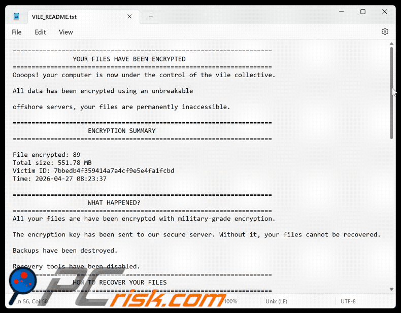 Ficheiro de texto do ransomware Vile (VILE_README.txt)