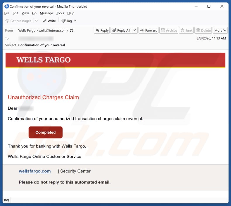 Campanha de spam por e-mail Wells Fargo - Unauthorized Charges