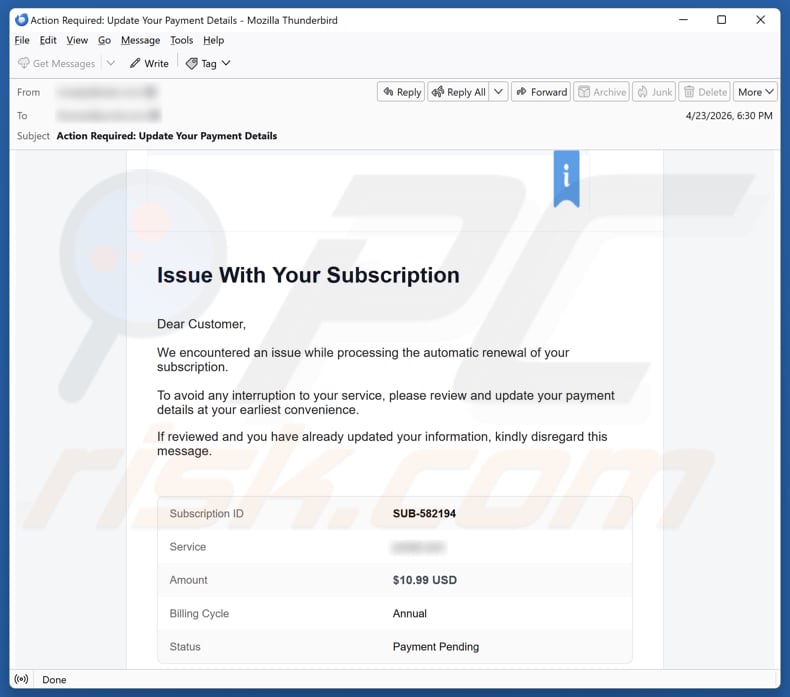 Campanha de spam por e-mail Wix Subscription Renewal