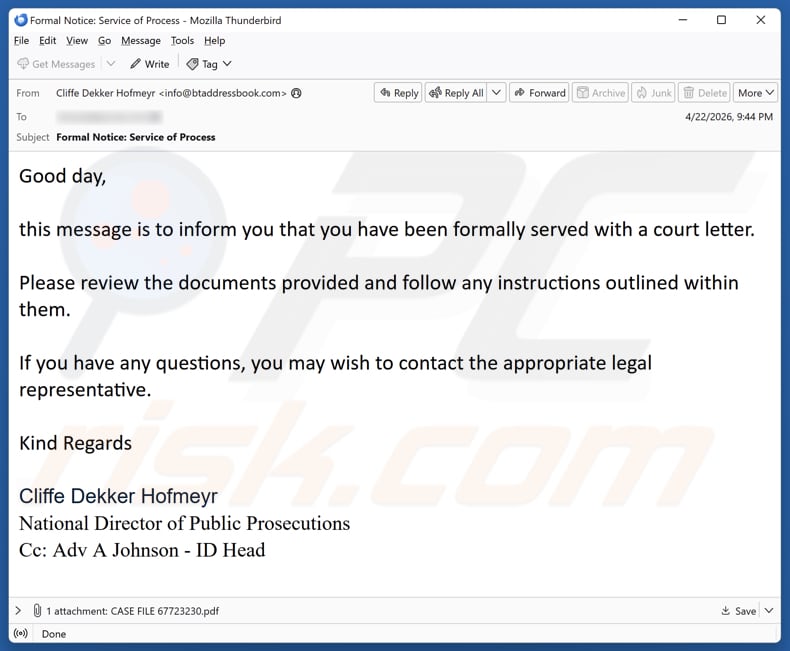 Campanha de spam do e-mail You Have Been Served With A Court Letter