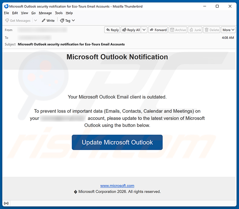 Campanha de spam por e-mail Your Microsoft Outlook Email Client Is Outdated