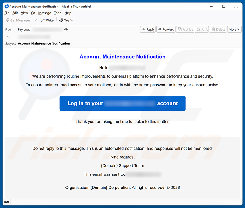 Campanha de spam por e-mail Account Maintenance Notification