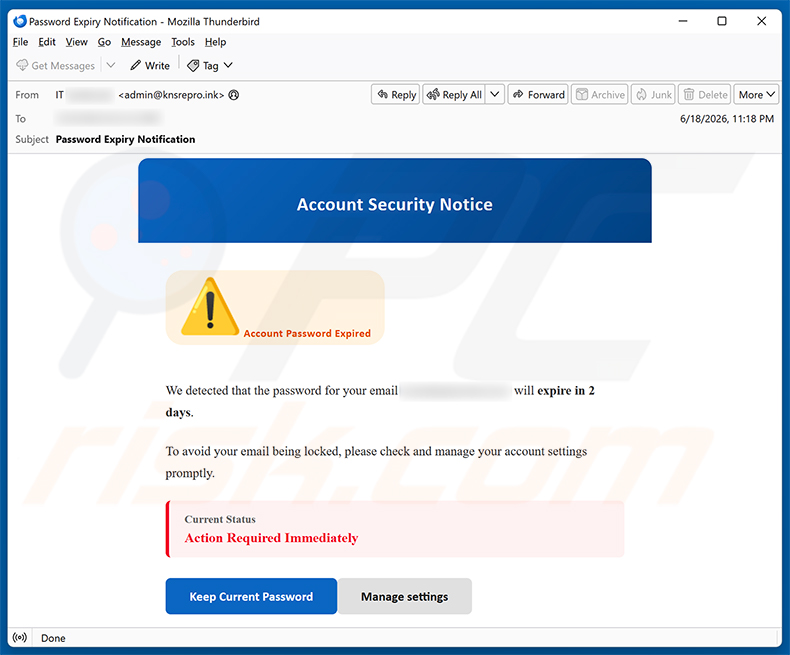 Campanha de spam por e-mail Account Security Notice