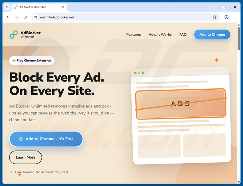 Site que promove a extensão Ad Blocker Unlimited (exemplo 1)