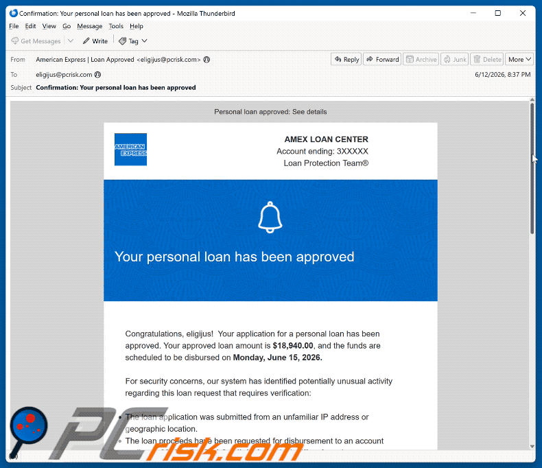 E-mail de golpe American Express - Personal Loan Approved (GIF)