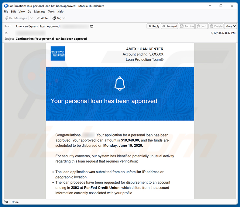 Campanha de spam por e-mail American Express - Personal Loan Approved