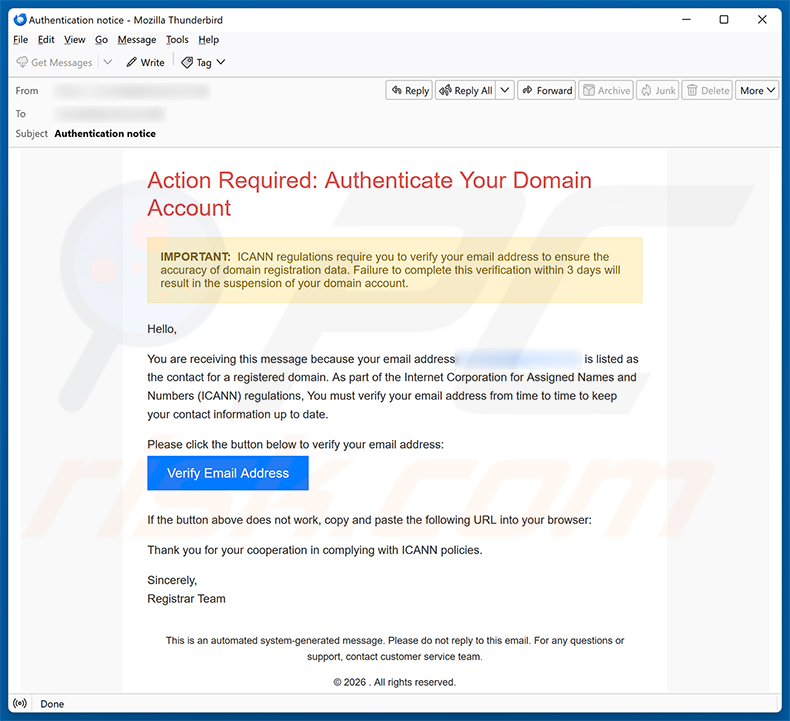 Campanha de spam por e-mail Authenticate Your Domain Account