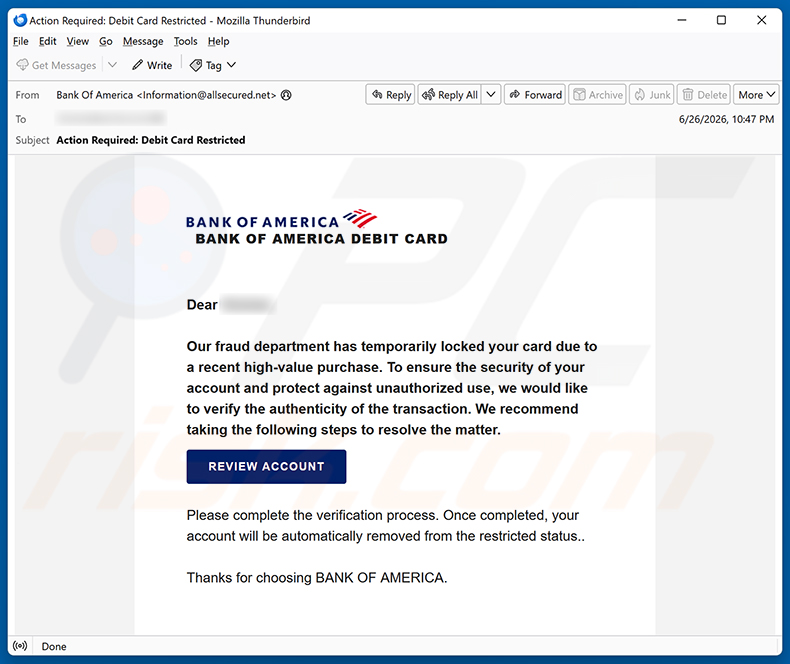 Campanha de spam por e-mail Bank Of America Card Locked
