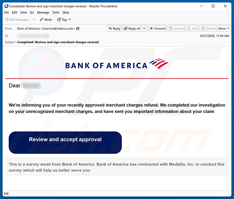 Campanha de spam por e-mail Bank of America - Merchant Charges Refund