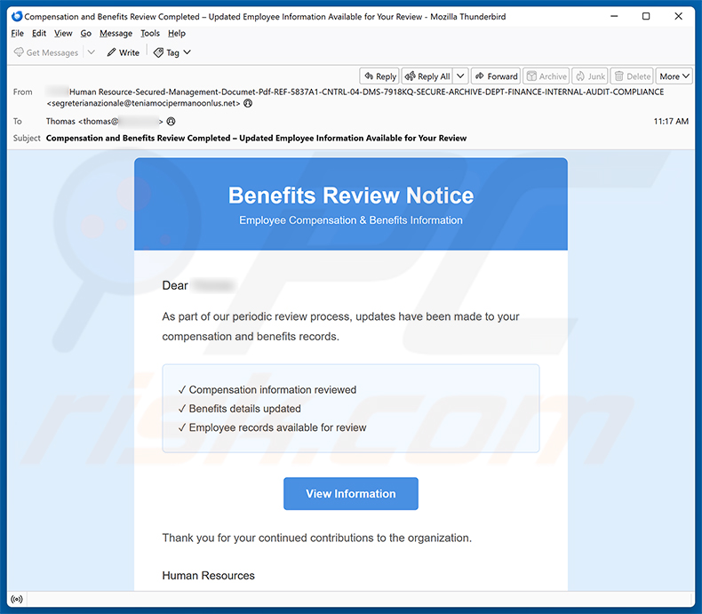 Campanha de spam por e-mail Benefits Review Notice